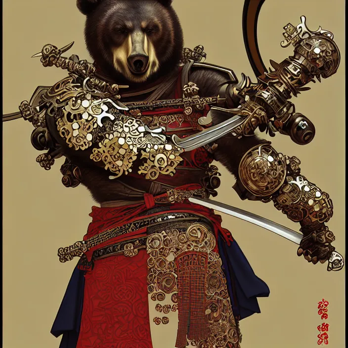 Image similar to anthropomorphic samurai bear cyborg, cyborg bear, sword held in hand, fantasy, intricate, highly detailed, lifelike, photorealistic, digital painting, artstation, illustration, concept art, smooth, sharp focus, art by alphonse mucha and kitagawa utamaro and ogata korin and aya takano