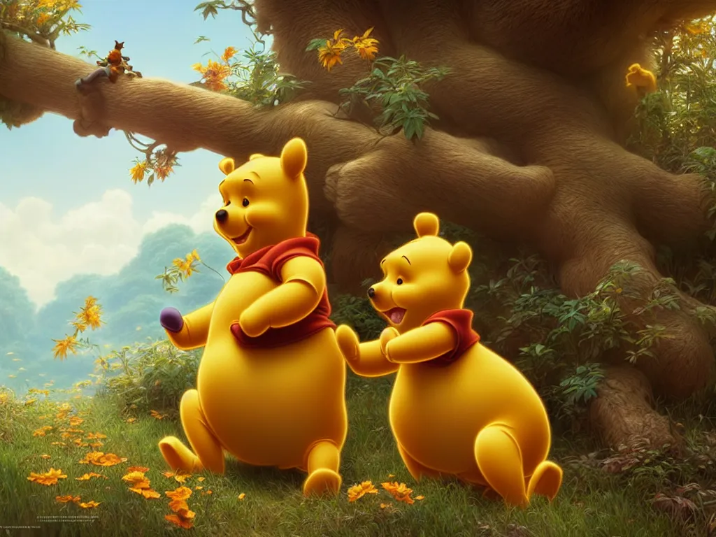 Image similar to winnie the pooh with chinese president xi jingping, cute and cuddly, highly detailed, photorealistic, octane render, 8 k, unreal engine. art by artgerm and greg rutkowski and alphonse mucha