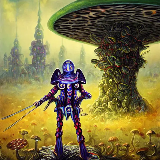 Image similar to 4 k headshot portrait of a psychedelic demonic anthropomorphic insect knight with mushroom themed clothes, magic mushroom village in background by jeff easley, award winning, stylized neon, post - processing, masterpiece, superb resolution. in the art style of junji ito and greg rutkowski. detailed mushroom city in background. hyper realistic anime. perfect art. dalle 2