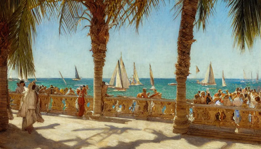 Prompt: a ultradetailed beautiful painting of the inside in the amazonas palace balustrade designed by jules bastien - lepage, tarsila do amaral, frank weston and gustave baumann, beach, trending on artstation, mediterranean, palm trees, sharp focus, sail boats, soft light, 8 k 4 k