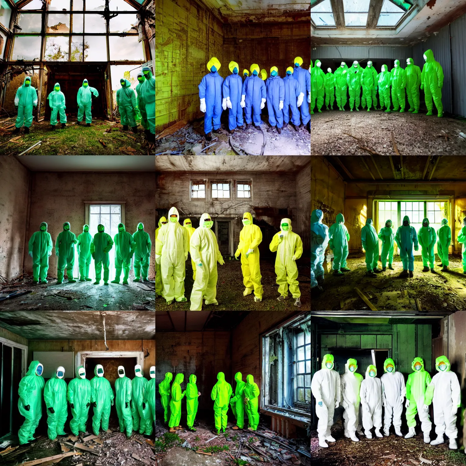 Prompt: wide - shot photo of a group of scientists in hazmat suits, in front of a glowing green dimensional rift, inside an abandoned house, by shaun tan, codachrome, 8 k, hd, highly detailed,