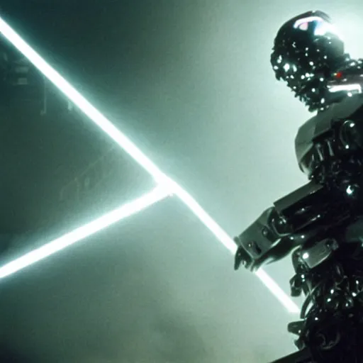 Image similar to movie still of a cool cyborg, cinematic composition, cinematic light, by john carpenter