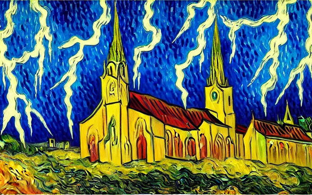 Image similar to expressionist oil painting by van gogh of lightning storm over a tall gothic church, landscape painting, expressionism, 8 k resolution detailed art, small brushstrokes, watercolor palette