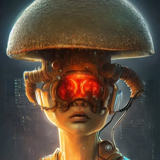 Image similar to mushroom with face, highly detailed, illustration, sci - fi art, cyberpunk, epic, realistic, intricate, hyper detailed, beautiful lighting, emotional, artstation, concept art, smooth, sharp focus, ray tracing