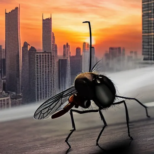 Prompt: realistic photo of a human sized fly, smoke around it, skyscrapers behind it, sunset