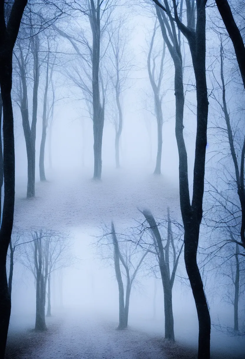 Prompt: eerie photo of a path in the middle of a frozen winter morning spooky forest, treelined, fog, award winning photography, anamorphic lens, f 2. 0, mystical, ultra high definition, ultra detailed,