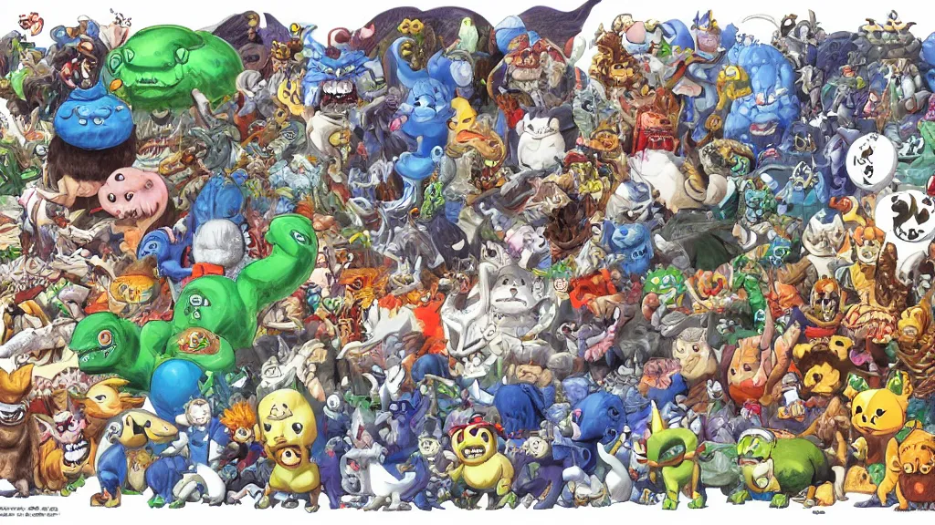 Prompt: animals and monsters in a video game by Ken Sugimori illustration