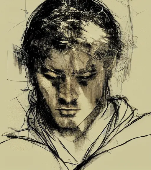 Prompt: portrait of man with blond ponytail hair wearing black robes, pen and ink, intricate line drawings, by craig mullins, ruan jia, kentaro miura, greg rutkowski, loundraw
