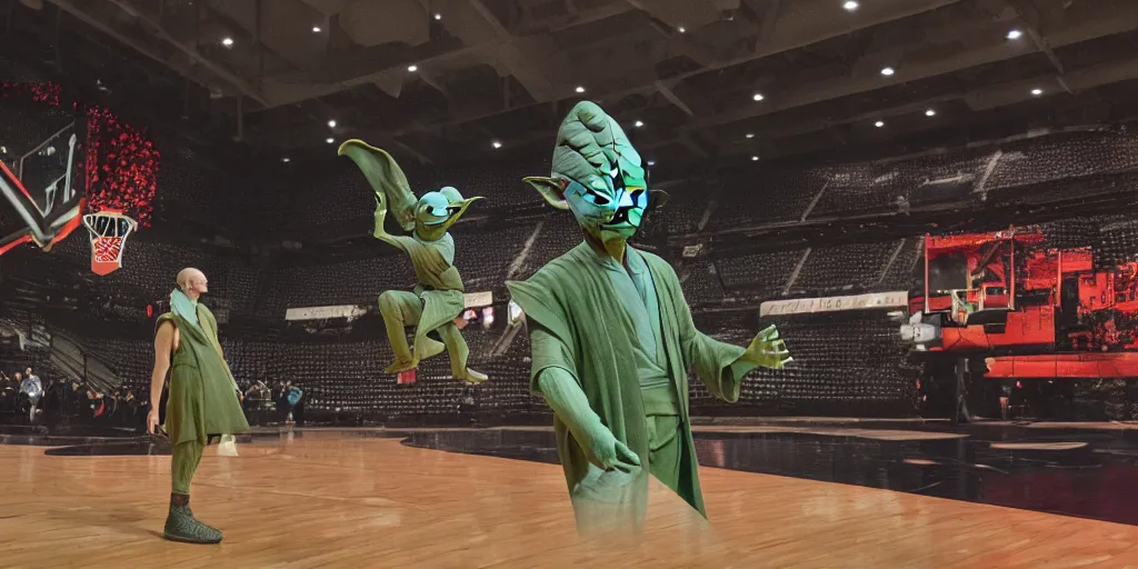 Image similar to Master Yoda gazing his air jordan 1 sneakers in awe in an empty basketball court in New York in the middle of the christmas night