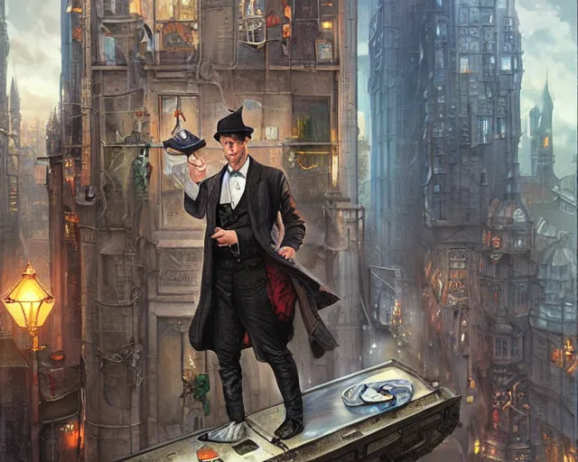 Image similar to sherlock holmes in a futuristic city street, cool, detailed, realistic, digital art, hd, by alayna lemmer, by tom bagshaw, by fintan magee