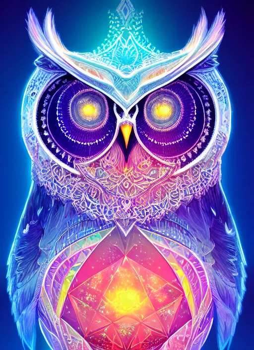 Image similar to symmetry!! product render poster vivid colors divine proportion owl, ice and snow, glowing fog intricate, elegant, highly detailed, digital painting, artstation, concept art, smooth, sharp focus, illustration,