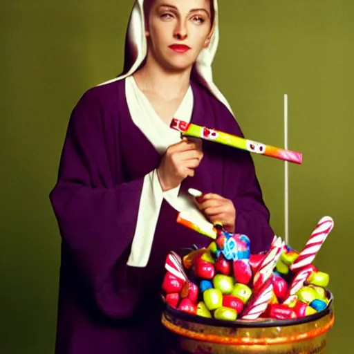 Prompt: stock photo. madonna and child, holding candy. jar of candy. lollipop, candy bar, gumdrop, fudge.