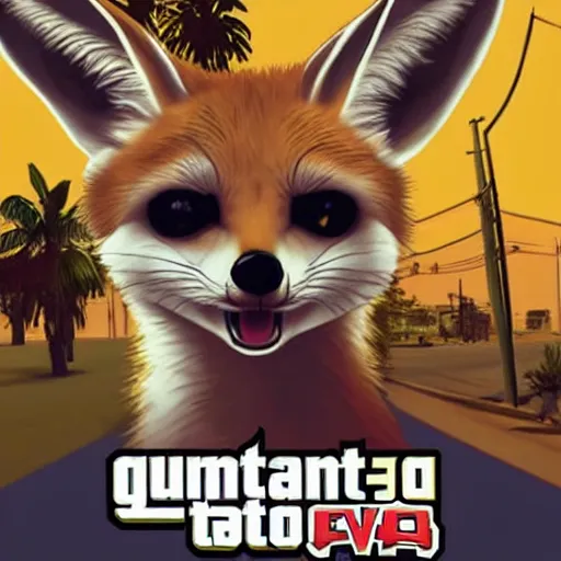 Prompt: fennec fox as a GTA V cover art