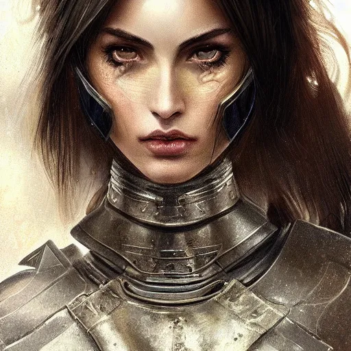 Image similar to a portrait of an attractive young woman, clothed in battle armor, olive skin, long dark hair, beautiful bone structure, symmetrical facial features, intricate, elegant, highly detailed, digital painting, trending on Artstation, concept art, smooth, sharp focus, illustration, in the style of artgerm and greg rutkowski and alphonse mucha