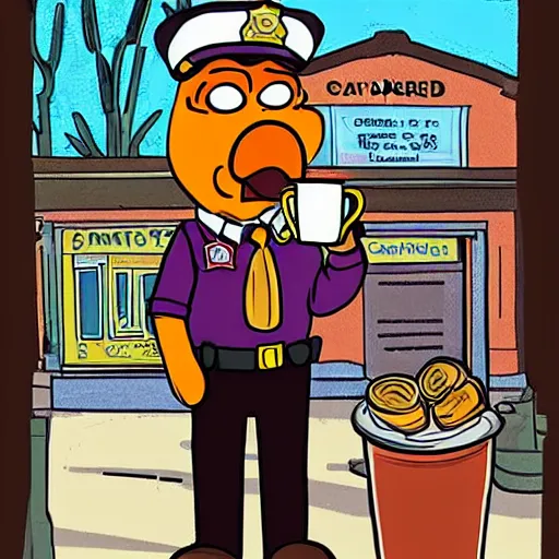 Image similar to garfield dressed as a policeman drinking a cup of coffee in a small town, digital art