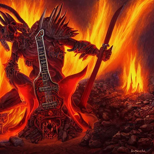 Prompt: Diablo, the lord of destruction, playing electrical guitar in hell for a crowd of skeletons. Digital painting. Realistic