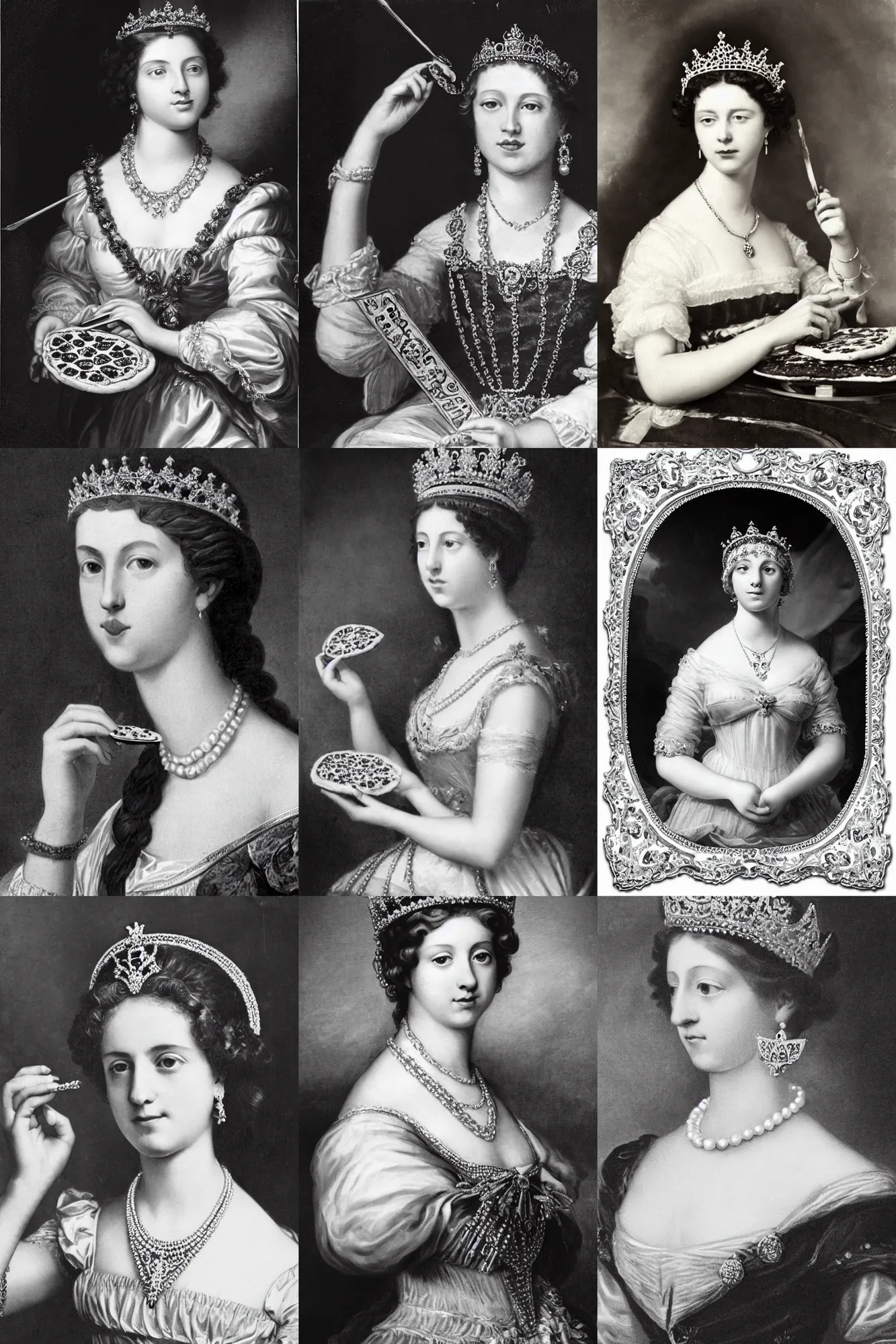 Prompt: a historical photo of young beautiful queen margherita of italy, eating a pizza margherita, impressed, regency, intricate detailed tiara, pearl necklace, black and white photo, sharp focus, smooth lighting, masterpiece