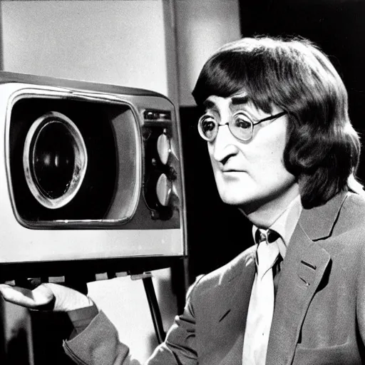 Image similar to on the full color tv set of captain kangaroo, john lennon is guest starring as the host, 7 0 s color grade