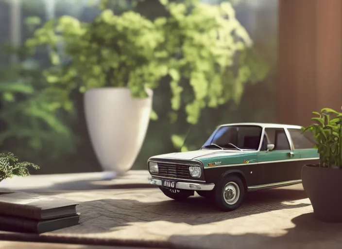 Image similar to a small miniature of a Ford Cortina 1980 on a white table near a book and a vase with a plant, 3d render, octane render, unreal engine 5, path tracing, serene landscape, calm, relaxing, beautiful landscape, highly detailed, high quality, 4k, symmetrical, low contrast