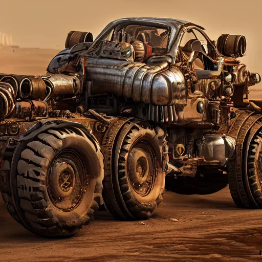 Image similar to mad max vehicles made out of ork technology from warhammer 40k, au naturel, hyper detailed, digital art, trending in artstation, cinematic lighting, studio quality, smooth render, unreal engine 5 rendered, octane rendered, art style by klimt and nixeu and ian sprigger and wlop and krenz cushart