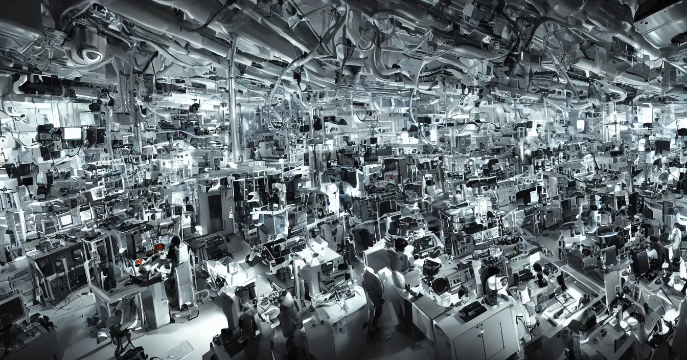 Image similar to Realistic detail photo of a interior of laboratory with hardware engineers and scientists from future, full of various electronic microscopes, devices and instruments, incredible sharp details, light contrast, dark atmosphere, bright vivid colours, reflections, metal speculars, journalistic photography from year 2094