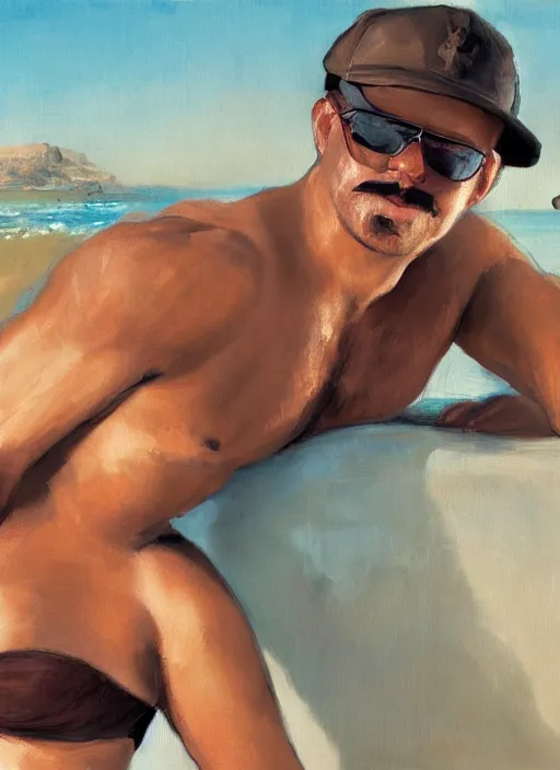 Prompt: painting of a stocky young man with toned muscles wearing aviator glasses and a baseball cap, with dense brown stubble and a thick moustache, sparse chest hair, with a girl in a bikini over jis shoulder, by Jeremy Mann, stylized, detailed, realistic, warm tones, summer vibes, glistening skin, loose brush strokes