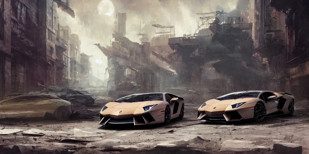 Image similar to lamborghini aventador in the abandoned city by frank frazetta, greg rutkowski, beeple, yoko taro