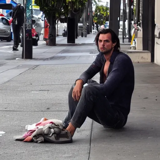 Prompt: thierry baudet begging in la, homeless, dirty clothes