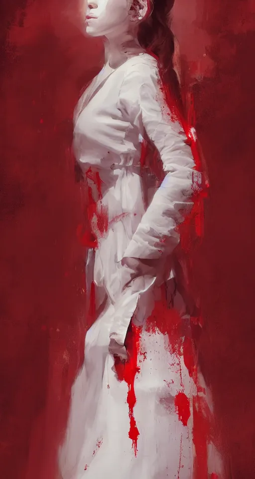 Prompt: A beuatiful portrait of a women in white and red dress by Greg Rutkowski, Sung Choi, Mitchell Mohrhauser, Maciej Kuciara, Johnson Ting, Maxim Verehin, Peter Konig, Bloodborne, full body, 8k photorealistic, cinematic lighting, HD, high details, dramatic, dark atmosphere, trending on artstation