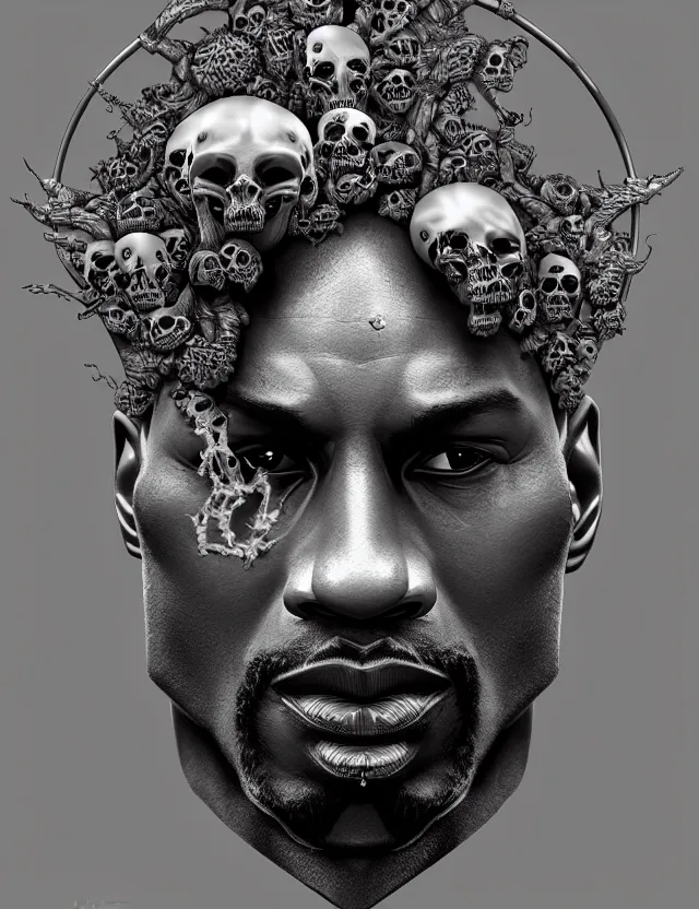 Image similar to symmetrical, centered, zbrush sculpt of michael jordan close - up portrait with crown made of skulls. phoenix betta fish, phoenix, bioluminiscent creature, super intricate ornaments artwork by tooth wu and wlop and alena aenami and greg rutkowski