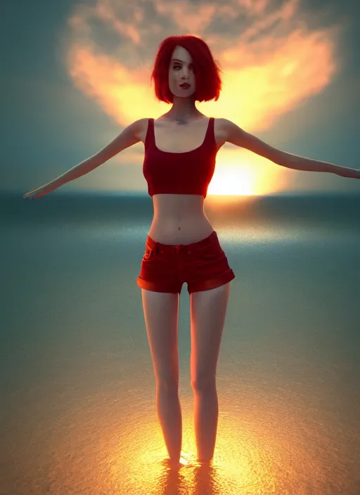 Image similar to gorgeous girl, symmetrical face, short red hair, crop top, daisy dukes shorts. by art germ, trending on artstation, unreal engine, octane render, cinematic, ultra detailed, 4 kmagical, lights, sunset, mysterious, serene, sunlight, ocean, flowing, floating water, splashing water, glowing, mystical, mysterious, lights, bokeh. 4 k