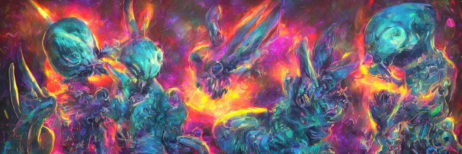 Image similar to strange alien bunny creatures from the depths of the collective unconscious, dramatic lighting, surreal darkly colorful painting by ronny khalil