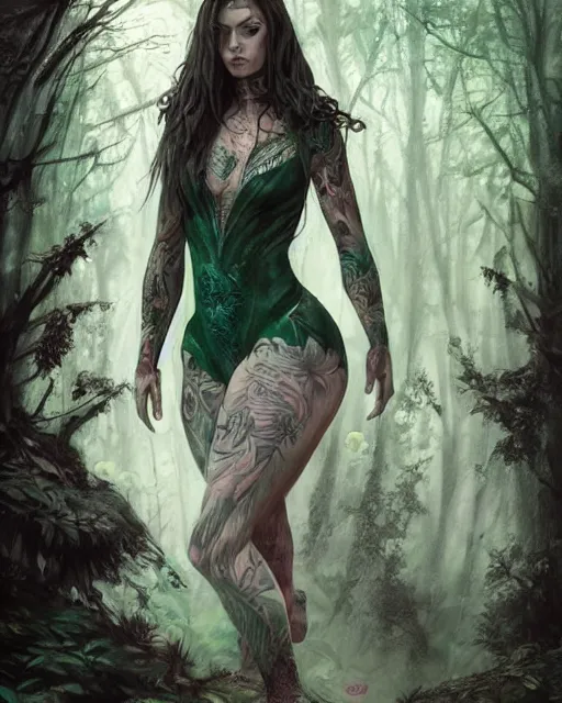 Prompt: a medium - shot of tattooed beautiful female warrior wearing a magical leotard in a magical forest, hyper realistic face, beautiful emerald eyes, fantasy art, in the style of greg rutkowski, illustration, epic, fantasy, intricate, hyper detailed, artstation, concept art, smooth, sharp focus, vibrant