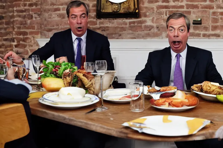 Prompt: nigel farage!!!!! cooked like a suckling pig, apple in mouth, fetal position on plate, plated on dinner table.