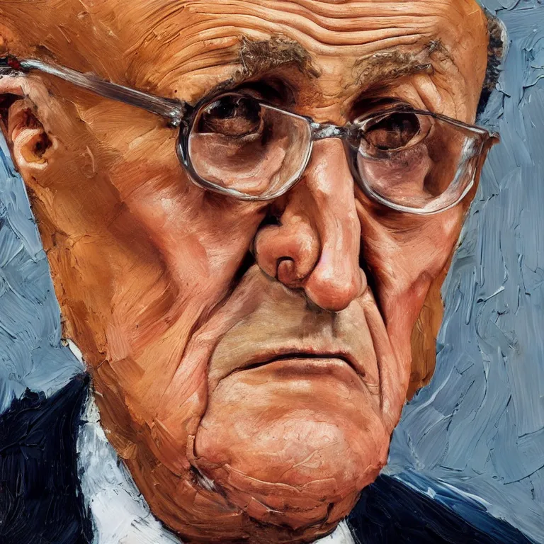 Image similar to warmly lit close up studio portrait of aging old Rudy Giuliani age 115 wrinkled furious, impasto oil painting thick brushstrokes by Lucian Freud and Cy Twombly and Tim Hawkinson , trending on artstation dramatic lighting Expressionism