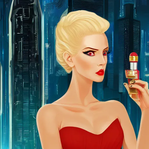 Prompt: a portrait of a beautiful blonde femme fatale woman wearing a cocktail dress, and pointing a pistol, long hair, in a futuristic blade runner city, art by Greg Orbik, Pixar, trending on Artstation, 8K