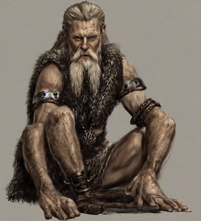 Prompt: digital concept art of a scrawny elderly norse viking ascetic mystic dressed in a wolfskin and sitting cross - legged by henrik rosenborg, paul bonner, highly detailed, concept art, digital art, artstation hd