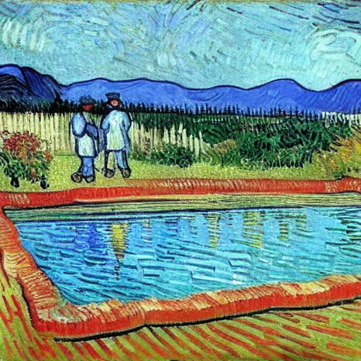 Image similar to painting by van gogh, swimming pool