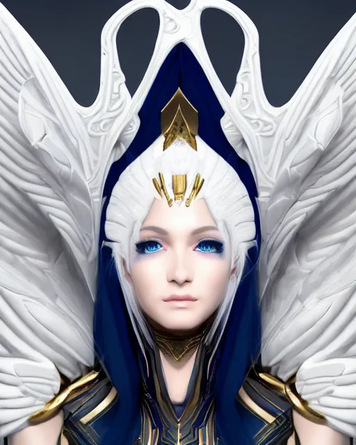 Image similar to perfect ornate white haired attractive egyptian goddess with huge white dove wings, warframe armor, beautiful, symmetric, dreamy, half asian, pretty face, blue eyes, detailed, scifi platform, laboratory, experiment, 4 k, ultra realistic, epic lighting, android body, illuminated, cinematic, masterpiece, art by akihito tsukushi, voidstar