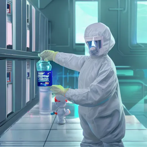 Prompt: A baby scientist with a hazmat suit in the lab, biohazard, detailed, award winning art by beeple