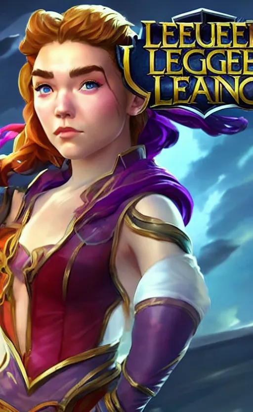 Image similar to Florence Pugh as a character in the game League of Legends, with a background based on the game League of Legends, detailed face, old 3d graphics