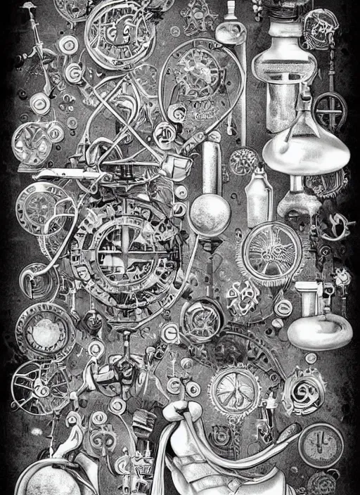 Image similar to black and white boho mystical scientific illustration of some mysterious and arcane steampunk items. composition, fine lines, very high details