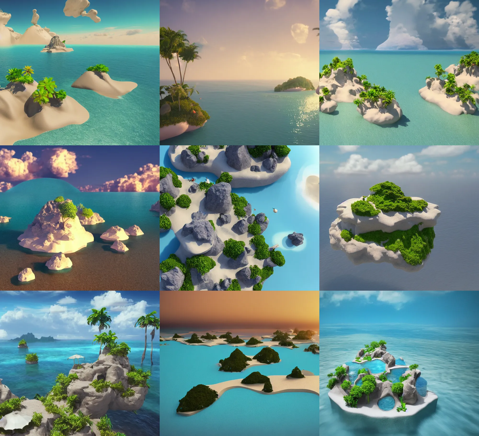Prompt: 3 d render of many small floating islands up in the sky overlooking a beautiful beach, octane render, unreal engine, vivid colours, trending on art station