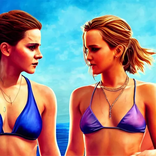 Image similar to highly detailed painting of emma watson and jennifer lawrence wearing a bikini standing close together, gta 5 cover art style, 8 k, radiant light, detailed and intricate environment, trending on artstation