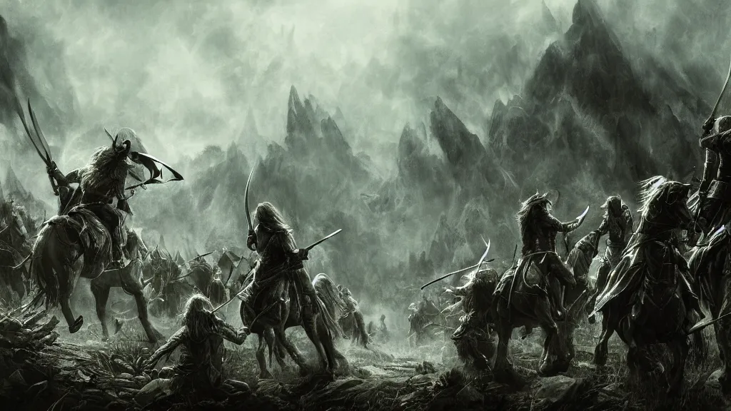 Prompt: Lord of the Rings Battlefield, dark fantasy artwork, award winning, devastated scene, studio light, artstation