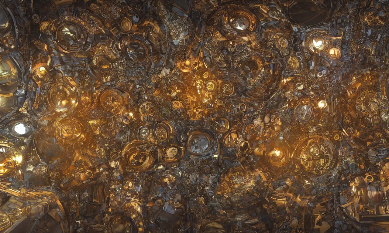 Image similar to steampunk engine laboratory 3 d volume kaleidoscope fractal voronoi metal chakra digital multicolor stylized concept substance natural color scheme, global illumination ray tracing hdr fanart arstation by sung choi and eric pfeiffer and gabriel garza and casper konefal