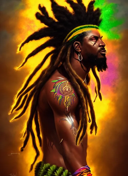 Image similar to portrait of fearless jamaican rasta warrior with flowing dreadlocks, surrounded by spirit of ganja. afrogoth intricate digital matte painting concept art, warpaint aesthetic, colorful, psychedelic, beautifully backlit, subtle tones, sharp focus, cinematic aesthetic octane render, volumetric lighting, by edmund leighton, james jean, ross tran and artgerm