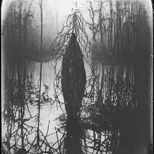 Image similar to creepy lovecraftian monster in swamp, 1910 Polaroid photo