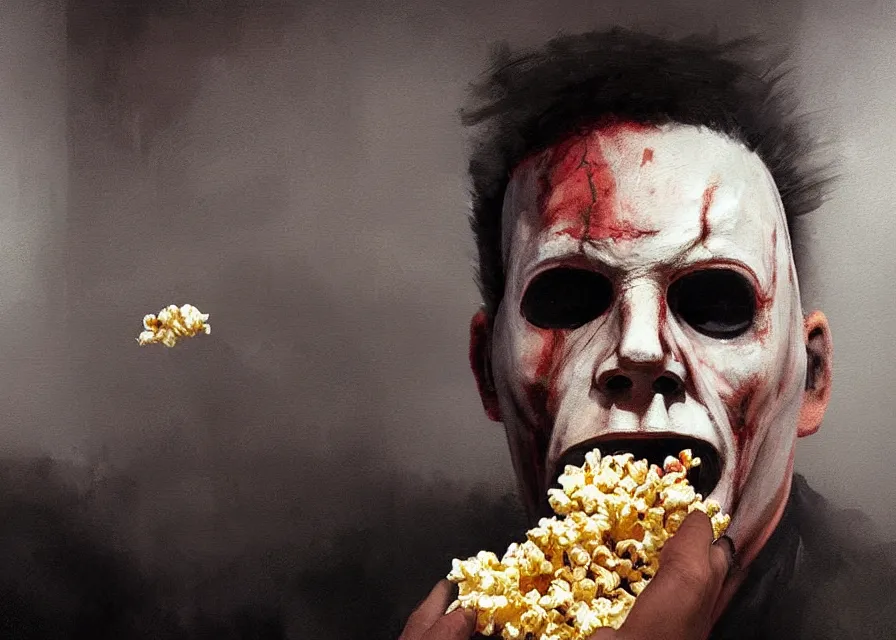 Prompt: dynamic portrait painting of Michael Myers sitting in a movie theater eating popcorn, sharp focus, face focused, trending on ArtStation, masterpiece, by Greg Rutkowski, by Ross Tran, by Fenghua Zhong, octane, soft render, oil on canvas, moody lighting, high contrast, cinematic, professional environmental concept art