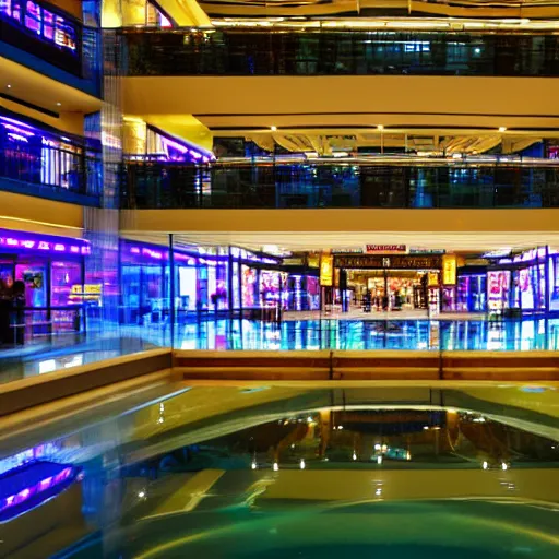 Prompt: A vast shopping mall interior with a large water feature, photo taken at night, neon pillars, large crowd